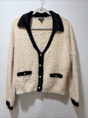 Express Womens Tipped Faux Fur Novelty Button Cardigan XL Cozy Sweater MobWife